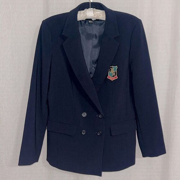 F21 M Navy Double Breasted High School Patch HS MM XII Blazer Jacket - Picture 1 of 12